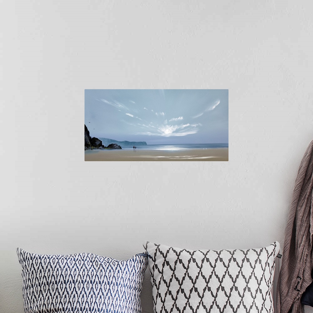 A bohemian room featuring Contemporary painting of a pale blue sky over a wide sandy beach.
