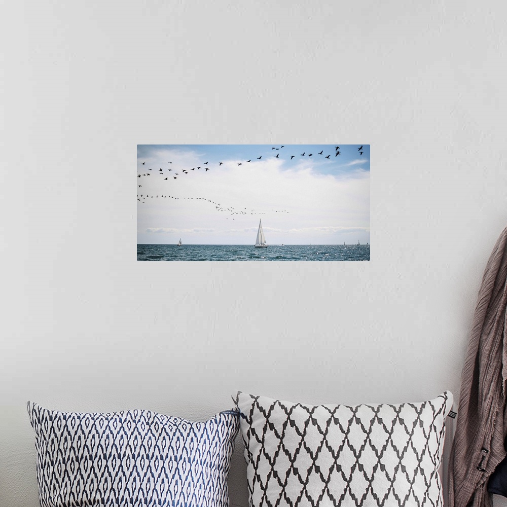 A bohemian room featuring Sailboats cruise the waters of Lake Ontario as a flock of water birds take to the air, Toronto, O...