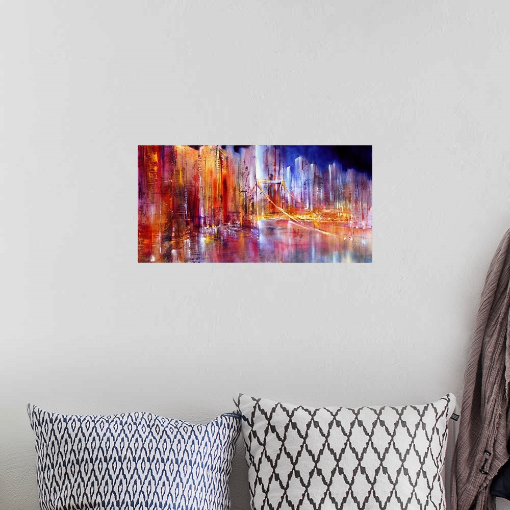 A bohemian room featuring Abstractly painted cityscape in bright colors and structures: on the way on a suspension bridge, ...