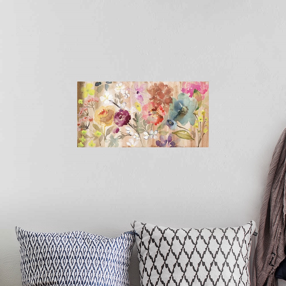 A bohemian room featuring Watercolor artwork of a variety of blooming flowers in warm shades of pink and red.