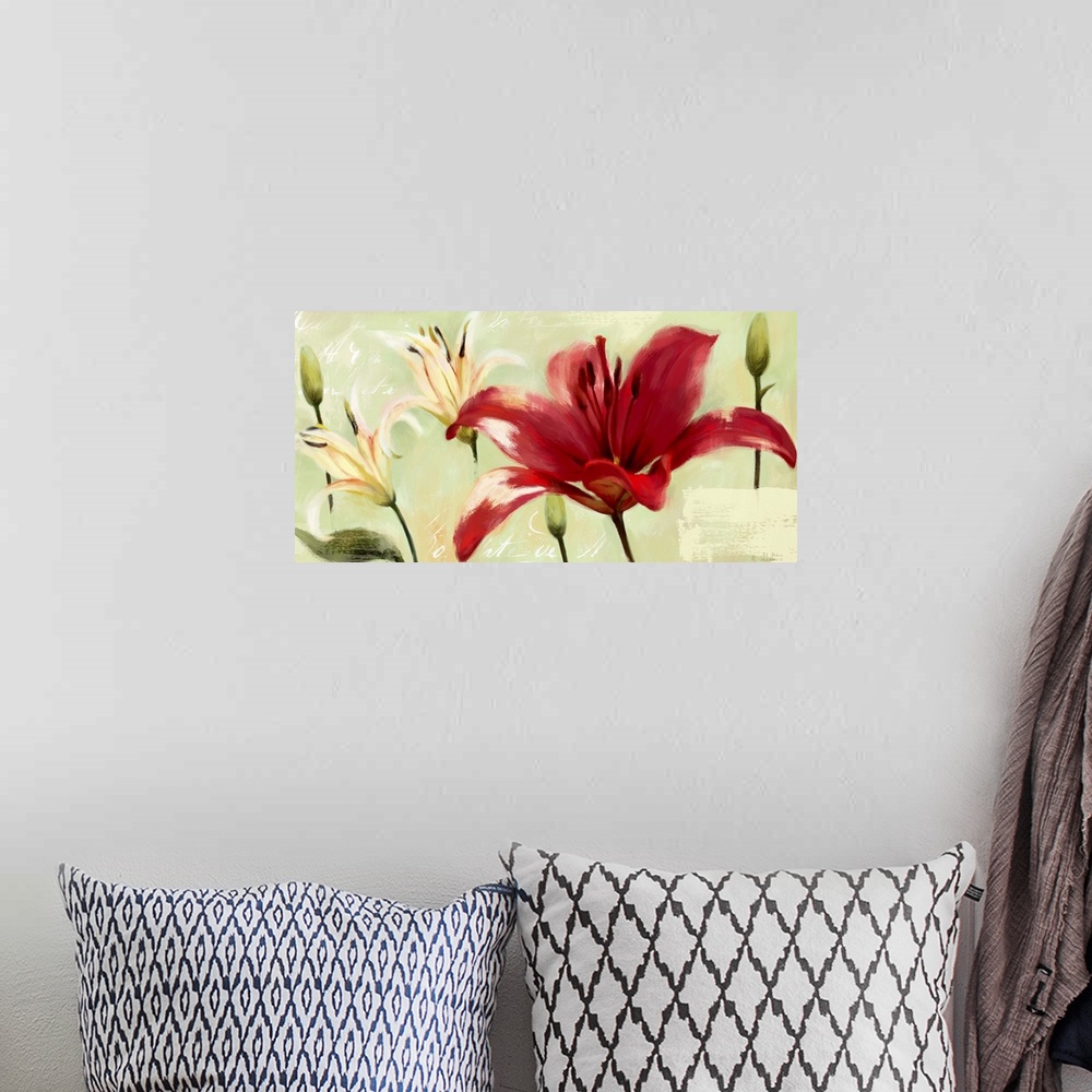 A bohemian room featuring Home decor artwork of vibrant red and white lilies against a green background.