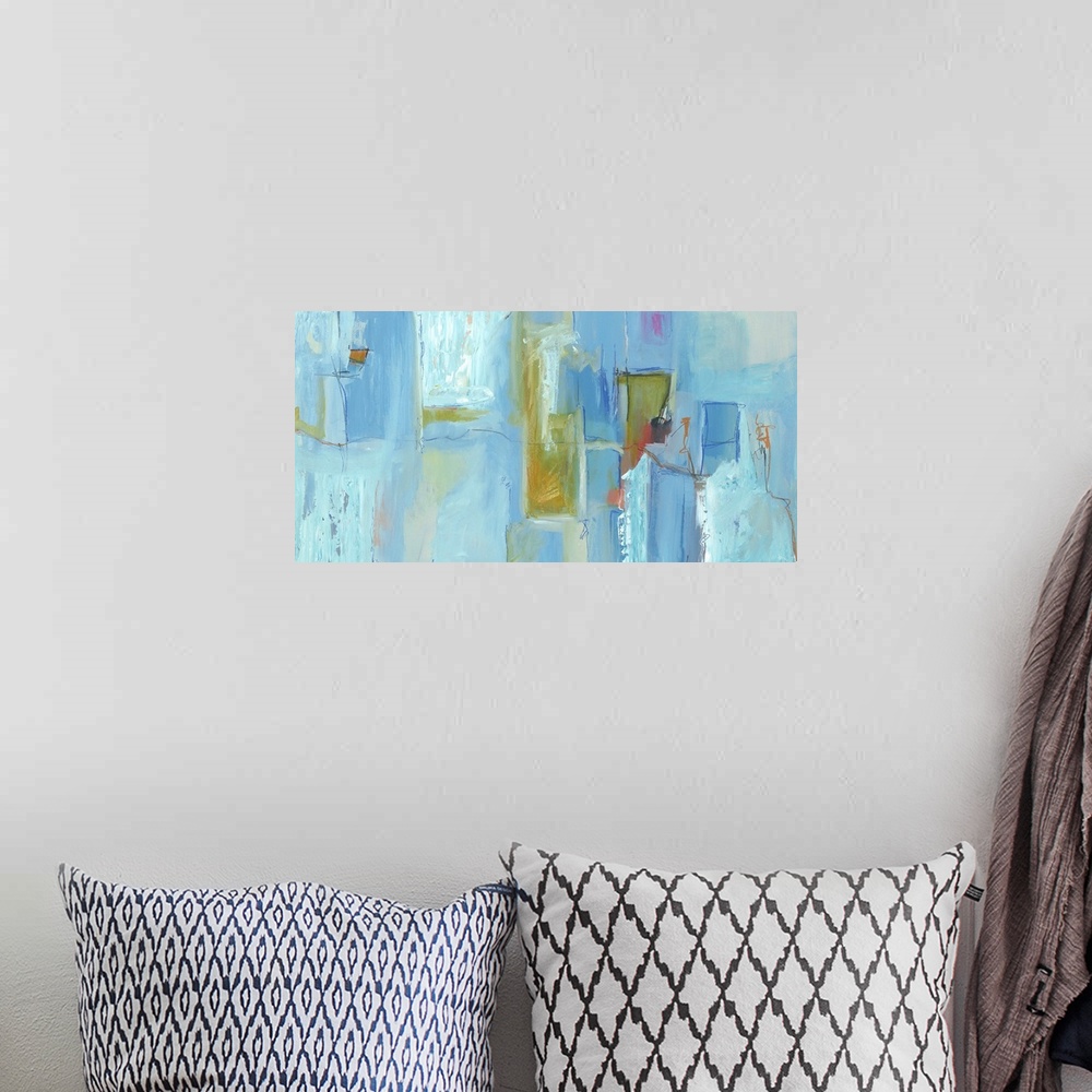 A bohemian room featuring Contemporary abstract painting using tones of blue in vertical strokes.