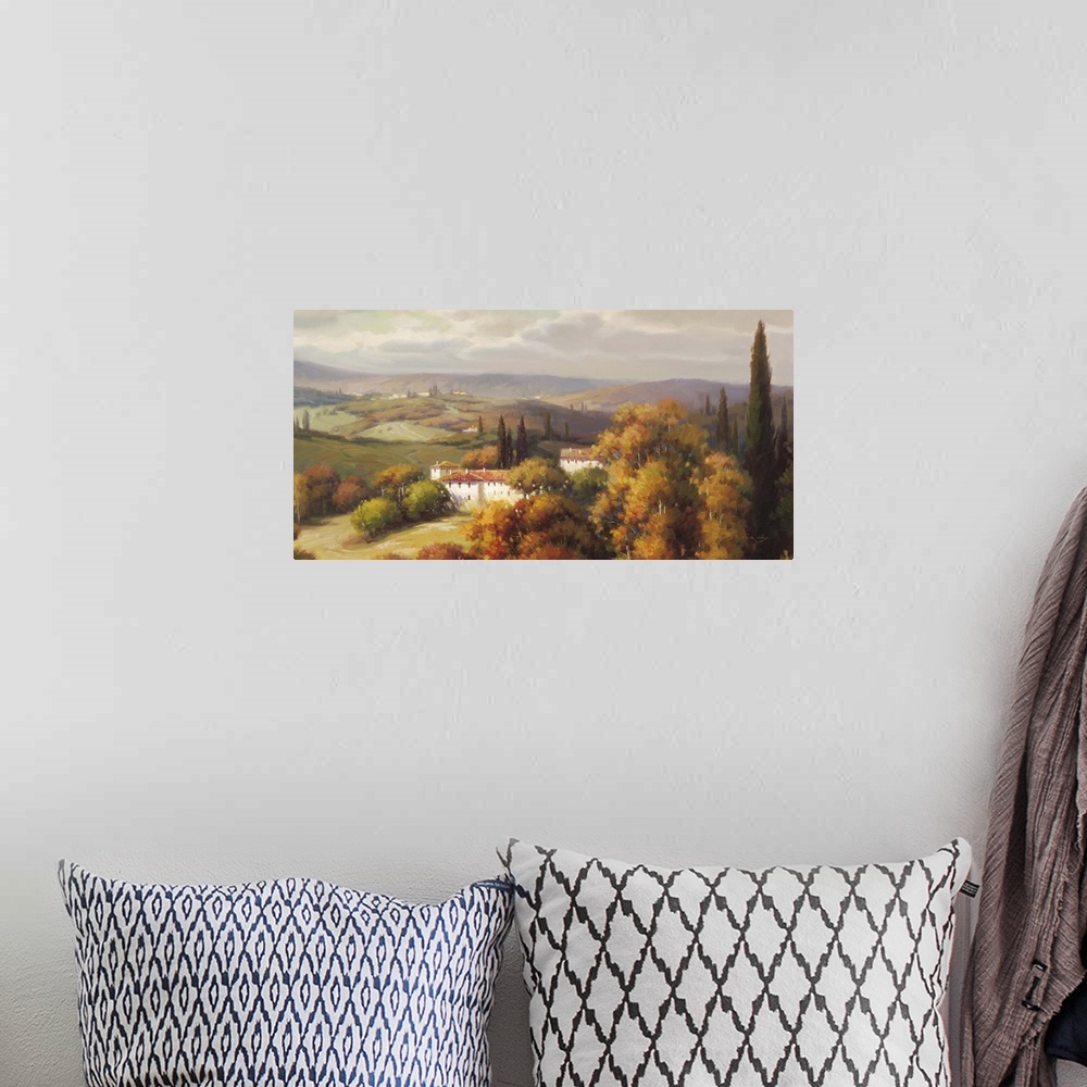 A bohemian room featuring Contemporary painting of a wide view of the Tuscan country side with rolling hills and a villa.