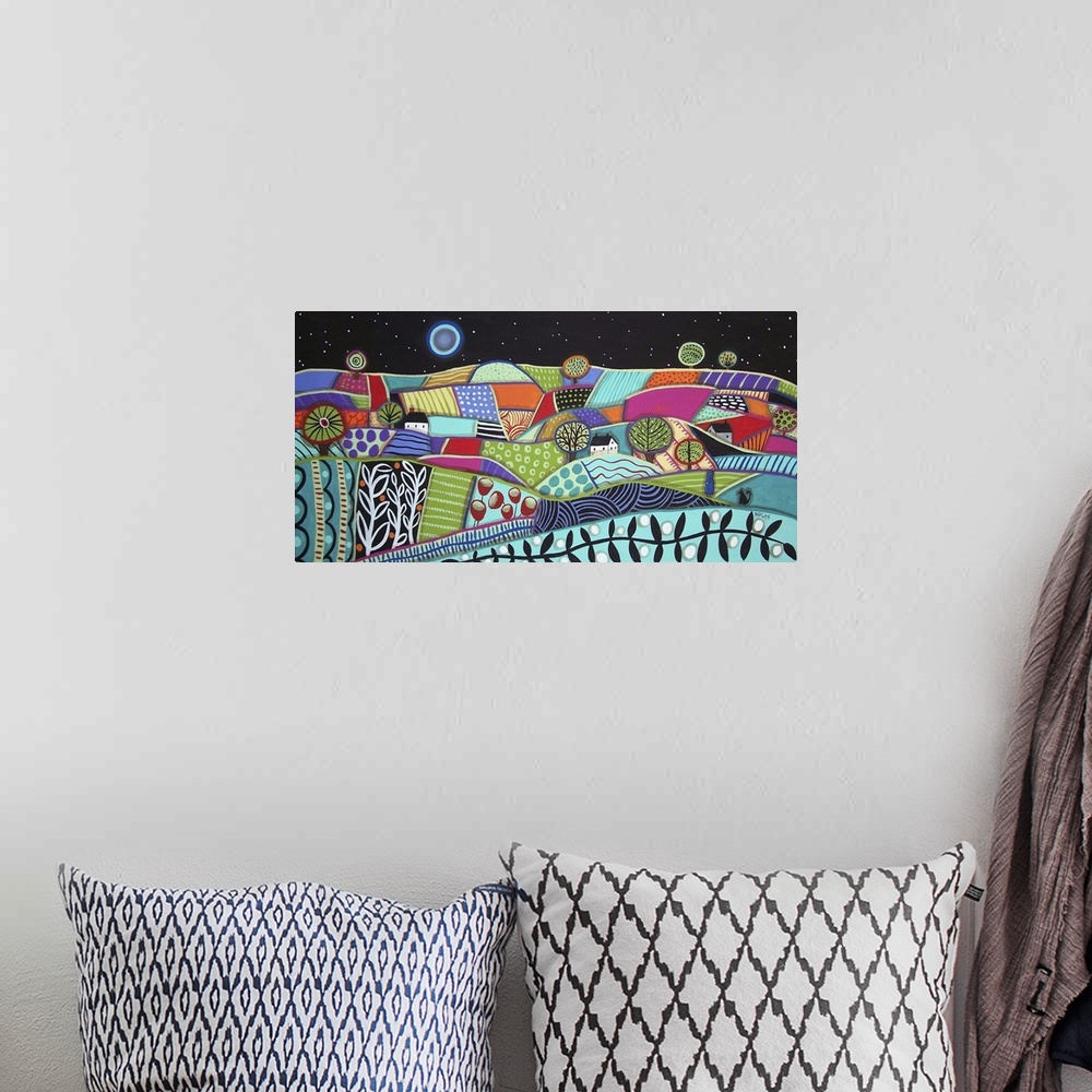 A bohemian room featuring Contemporary painting of a landscape with farmland and small houses, with colorful patterns.