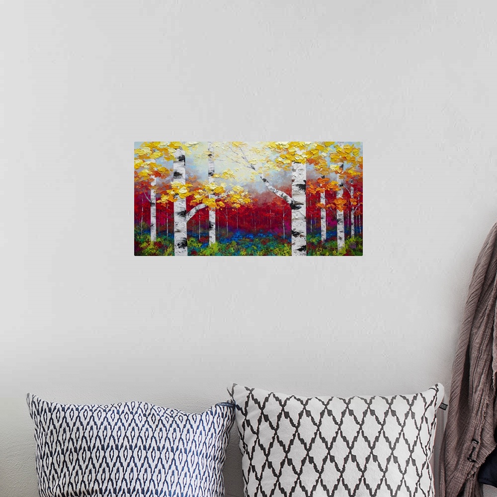 A bohemian room featuring Fine art painting of birch trees and aspen trees in autumn forest by contemporary artist abstract...