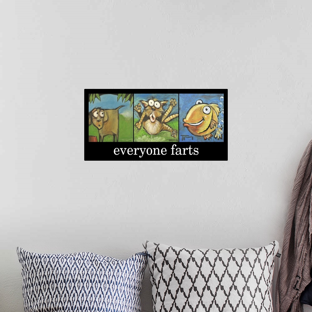 A bohemian room featuring Everyone Farts Poster