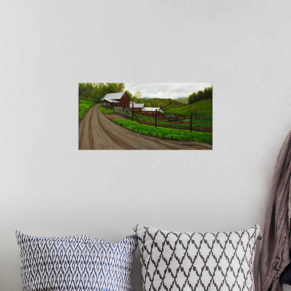 A bohemian room featuring Contemporary painting of a dirt road leading to a barn