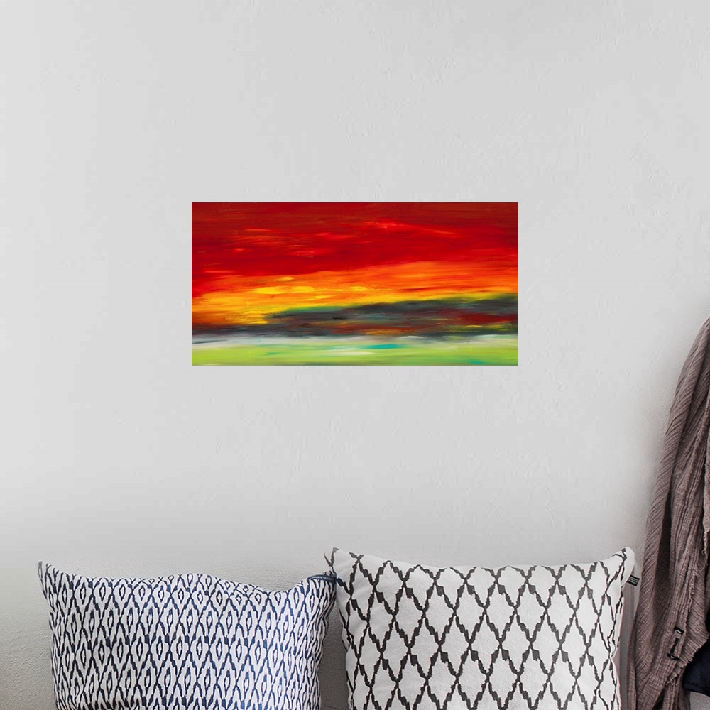 A bohemian room featuring Contemporary abstract resembling a vibrant sunset sky.