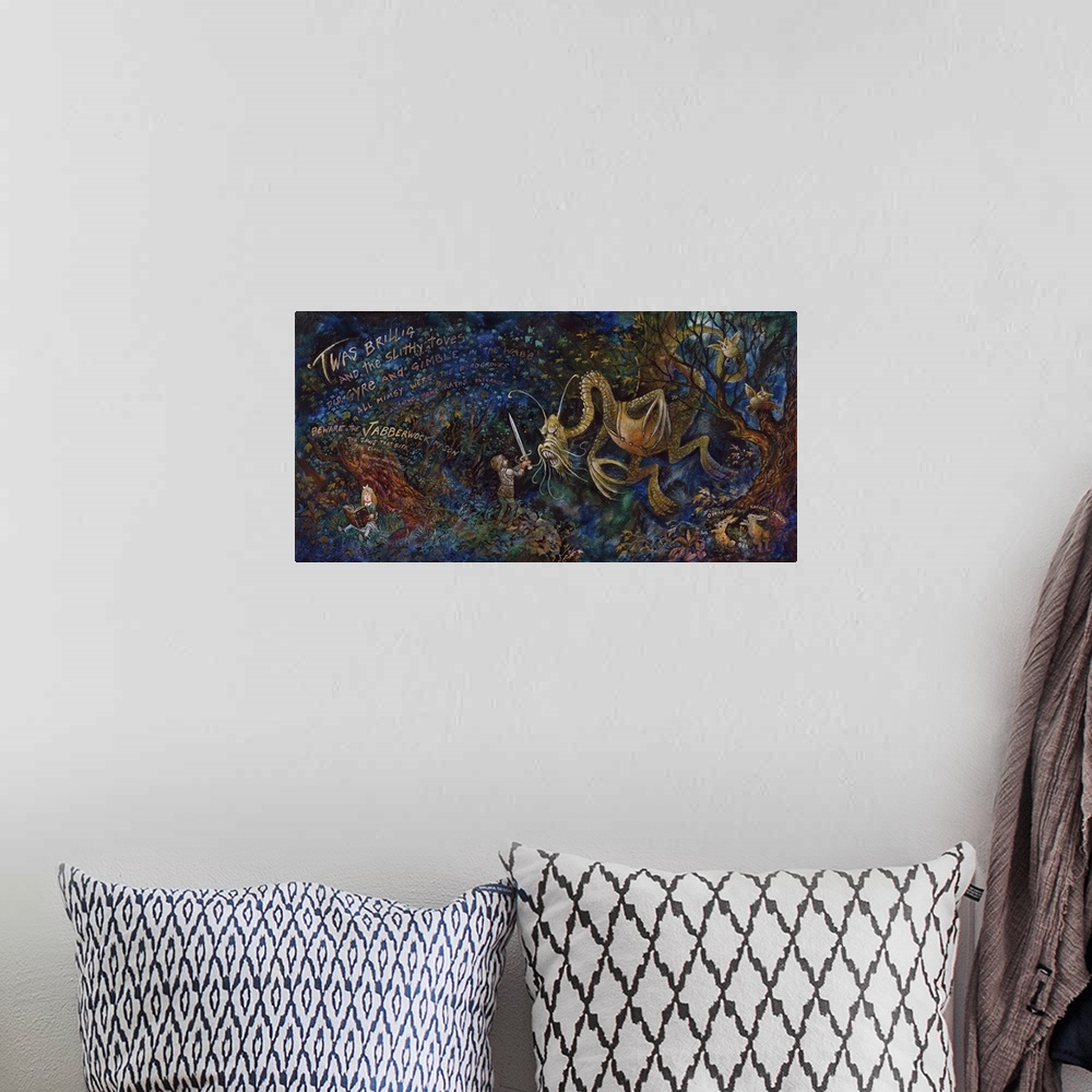 A bohemian room featuring A painting of a the literary monster, the Jabberwocky.