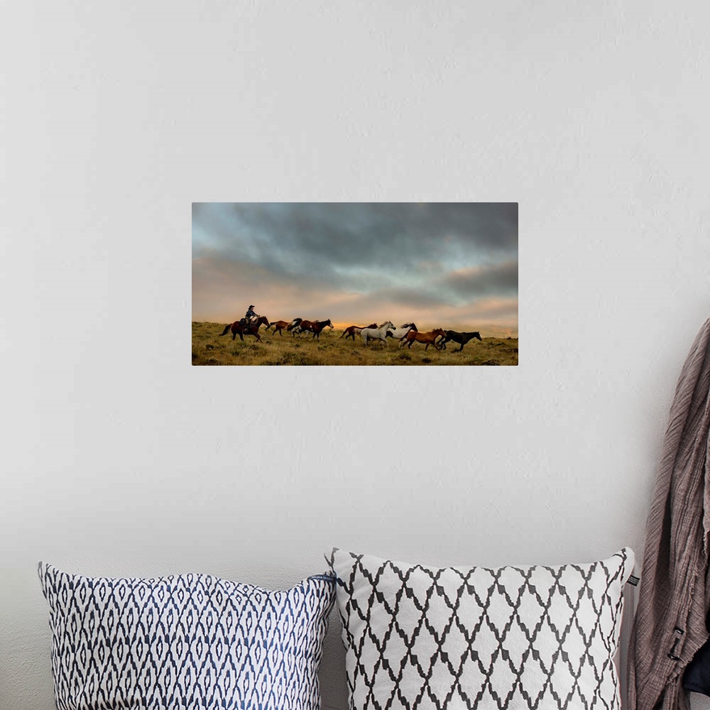 A bohemian room featuring Photograph of a cowgirl with a lasso in hand herding horses through a field.