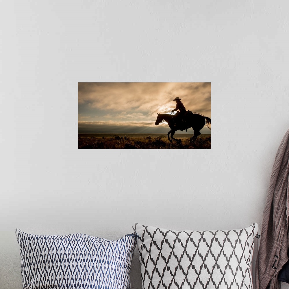 A bohemian room featuring Silhouette of a cowgirl on horseback in a field.
