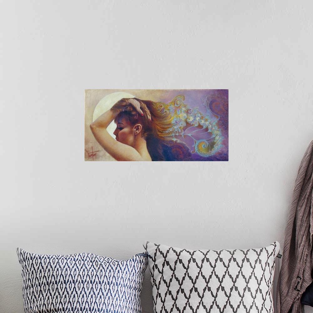 A bohemian room featuring A contemporary painting of a woman in profile with her hand on head as her hair flows behind her ...