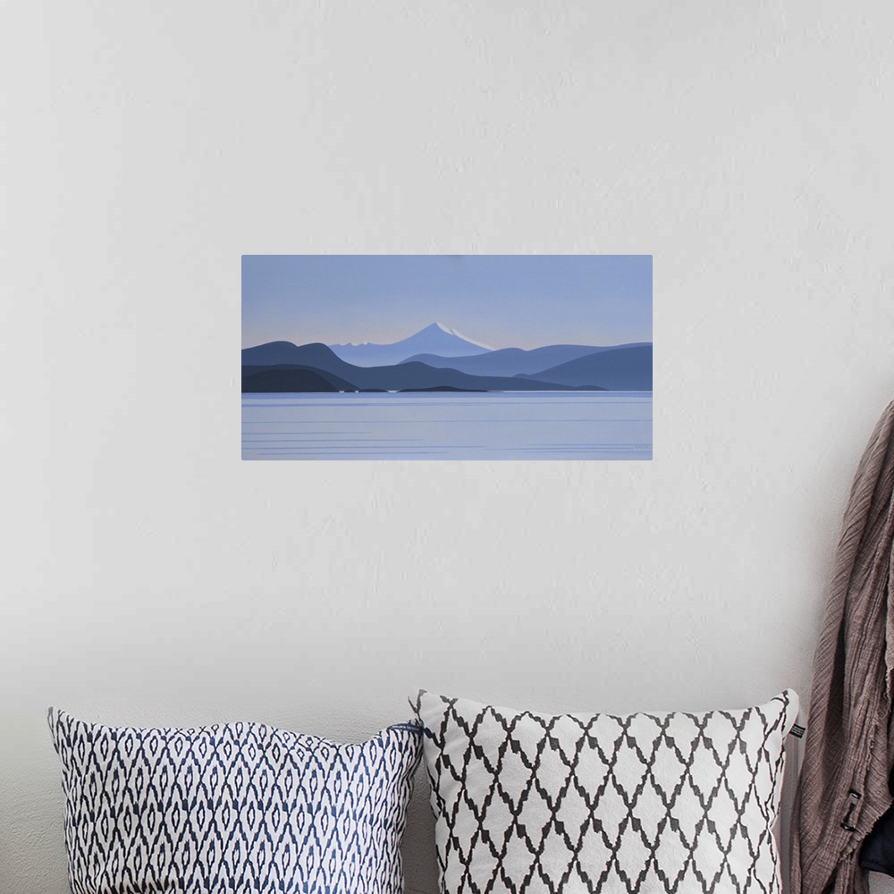 A bohemian room featuring Contemporary painting of mountain scape.