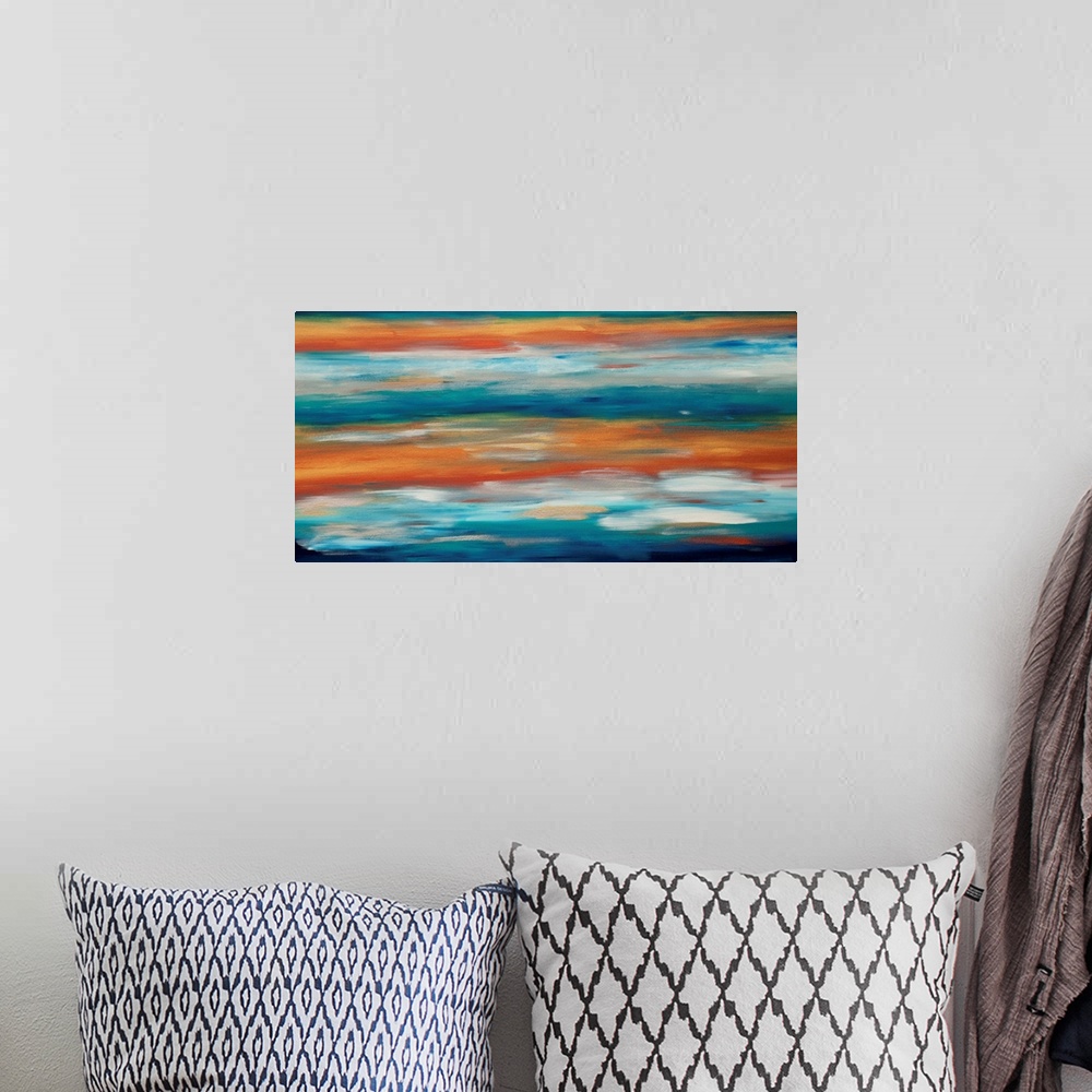 A bohemian room featuring Contemporary abstract painting in blue and orange, resembling the evening sky.