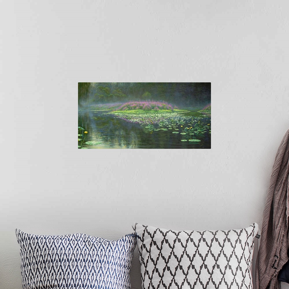 A bohemian room featuring Contemporary painting of a pond with garden.