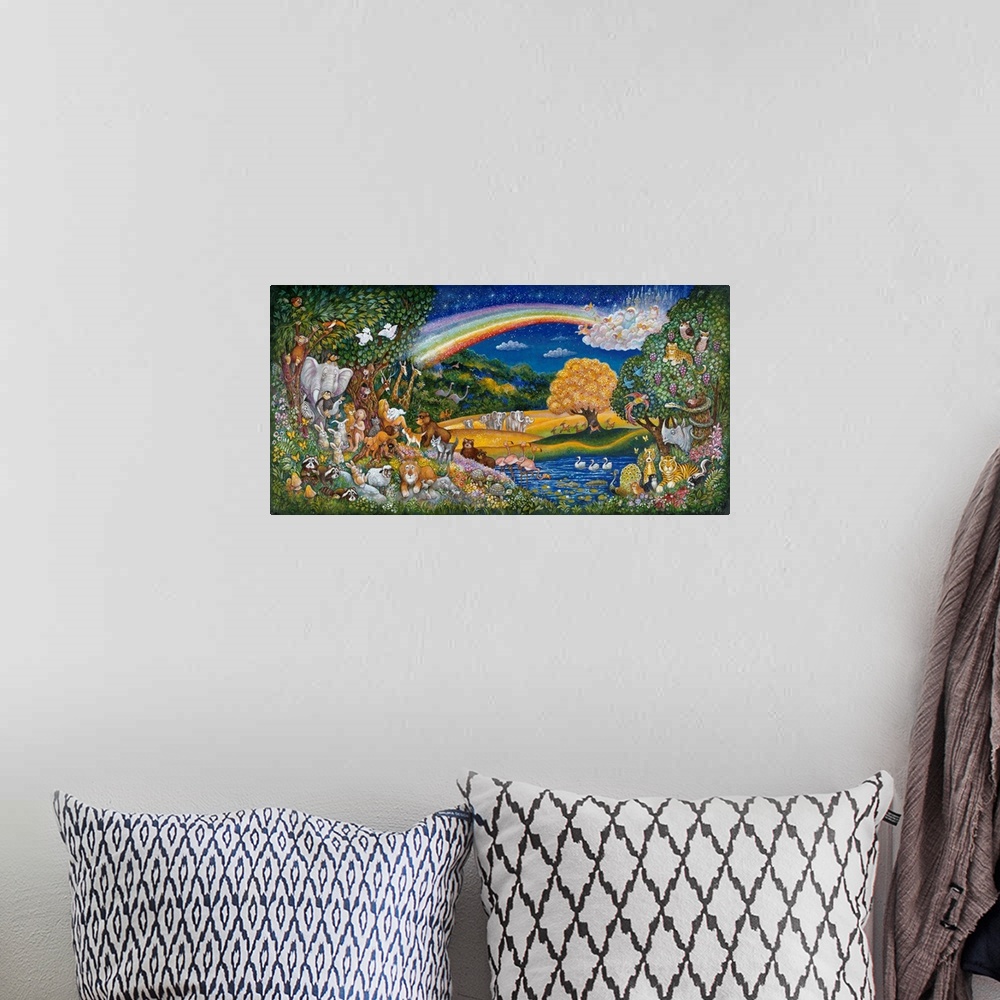 A bohemian room featuring Animals next to water with a rainbow in the sky.
