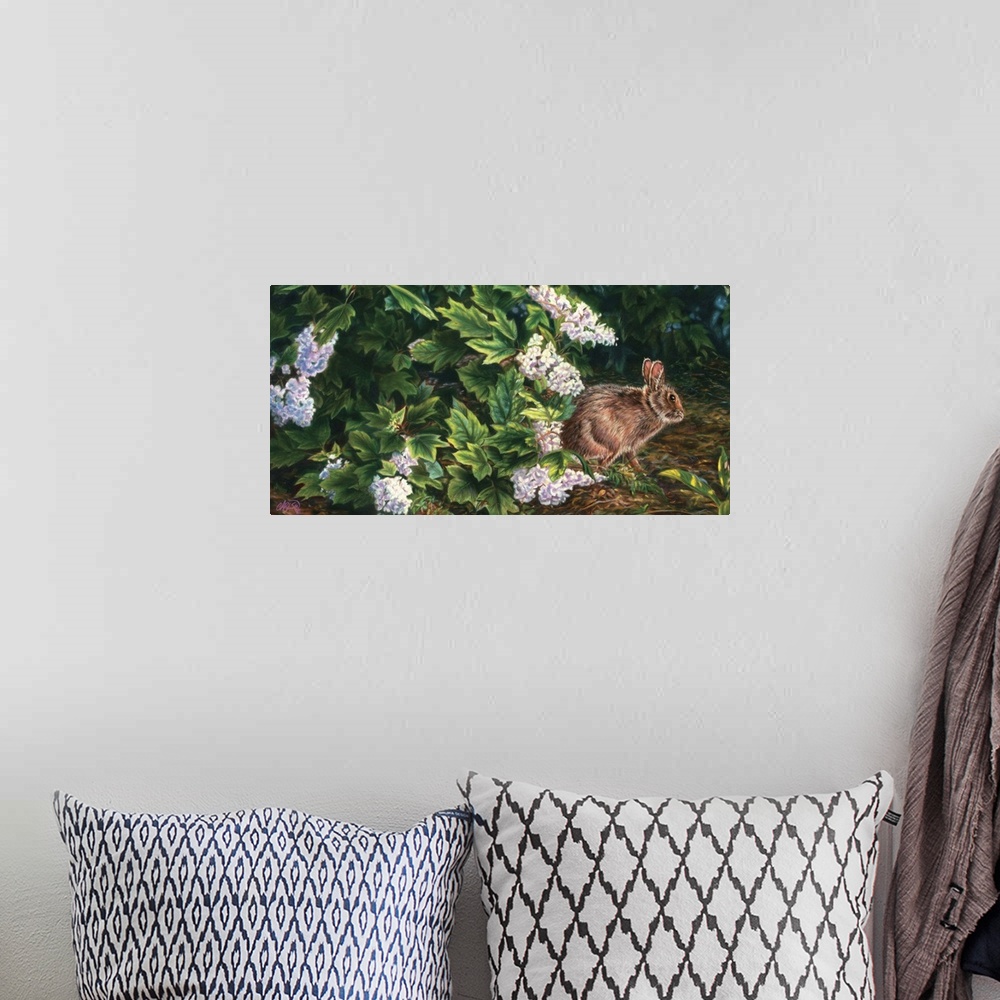 A bohemian room featuring rabbit with white spring flowers