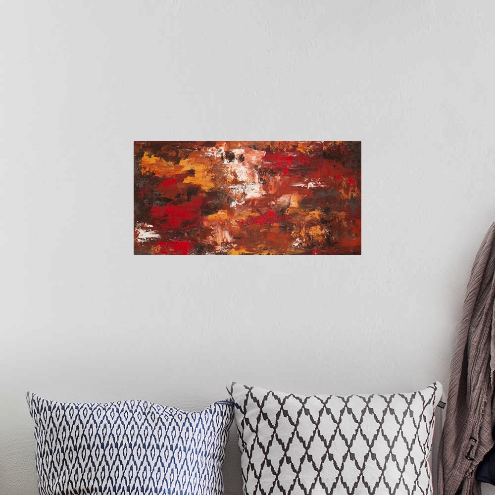 A bohemian room featuring Contemporary abstract painting in rusty tones.