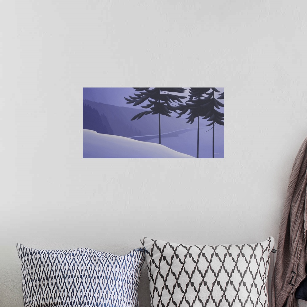 A bohemian room featuring Contemporary colorful painting of trees in a foggy purple colored valley.