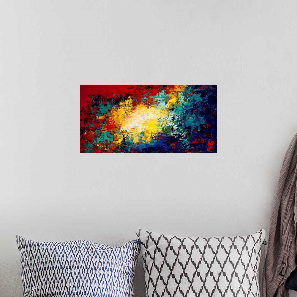 A bohemian room featuring Contemporary abstract painting in primary colors.