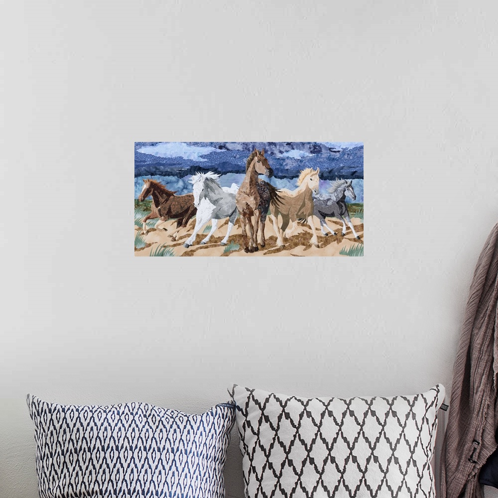 A bohemian room featuring Contemporary colorful fabric art of a stampede of horses.
