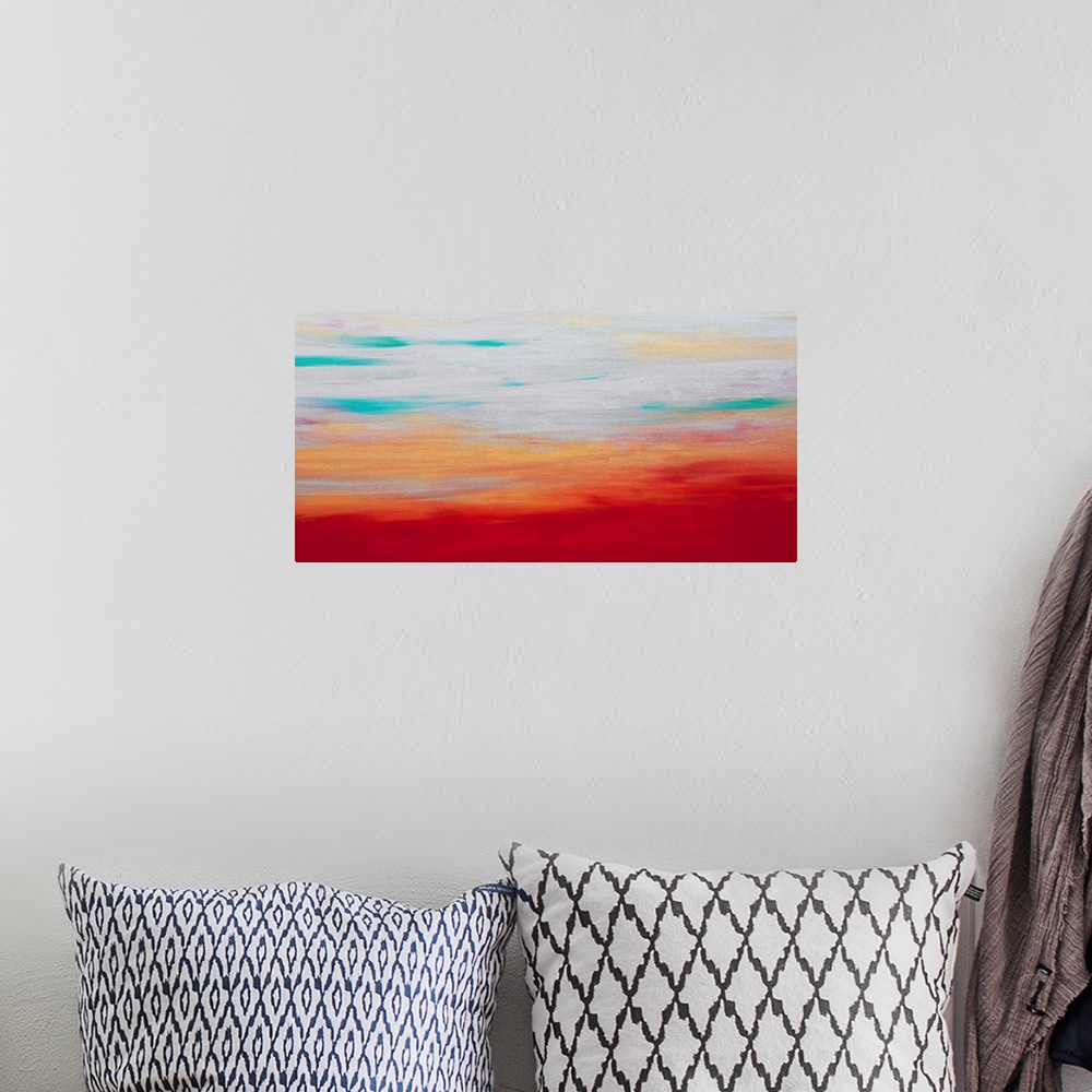 A bohemian room featuring A contemporary abstract painting using earthy tones toward the bottom of the image and light sky ...