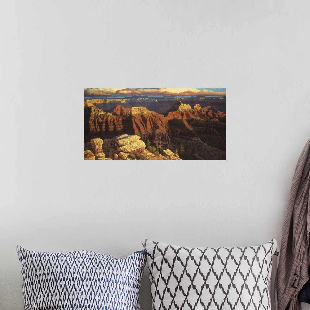 A bohemian room featuring A beautiful vista of the Grand Canyon and it's many cliffs and mountains.