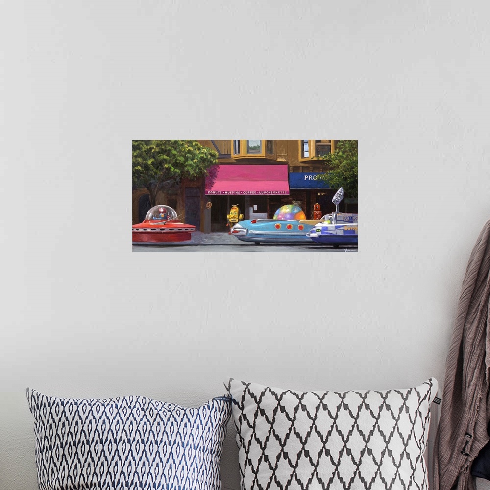 A bohemian room featuring A contemporary painting of a city street scene with retro toy robots driving rocket ship cars.