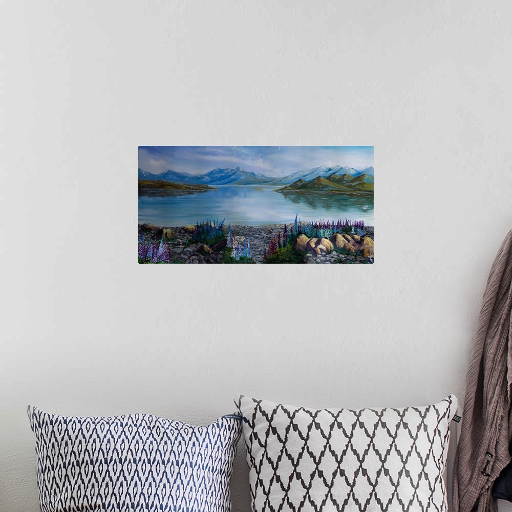 A bohemian room featuring Painting of the lupin fields around lake Tekapo, famous for its pristine beaches, picturesque mou...