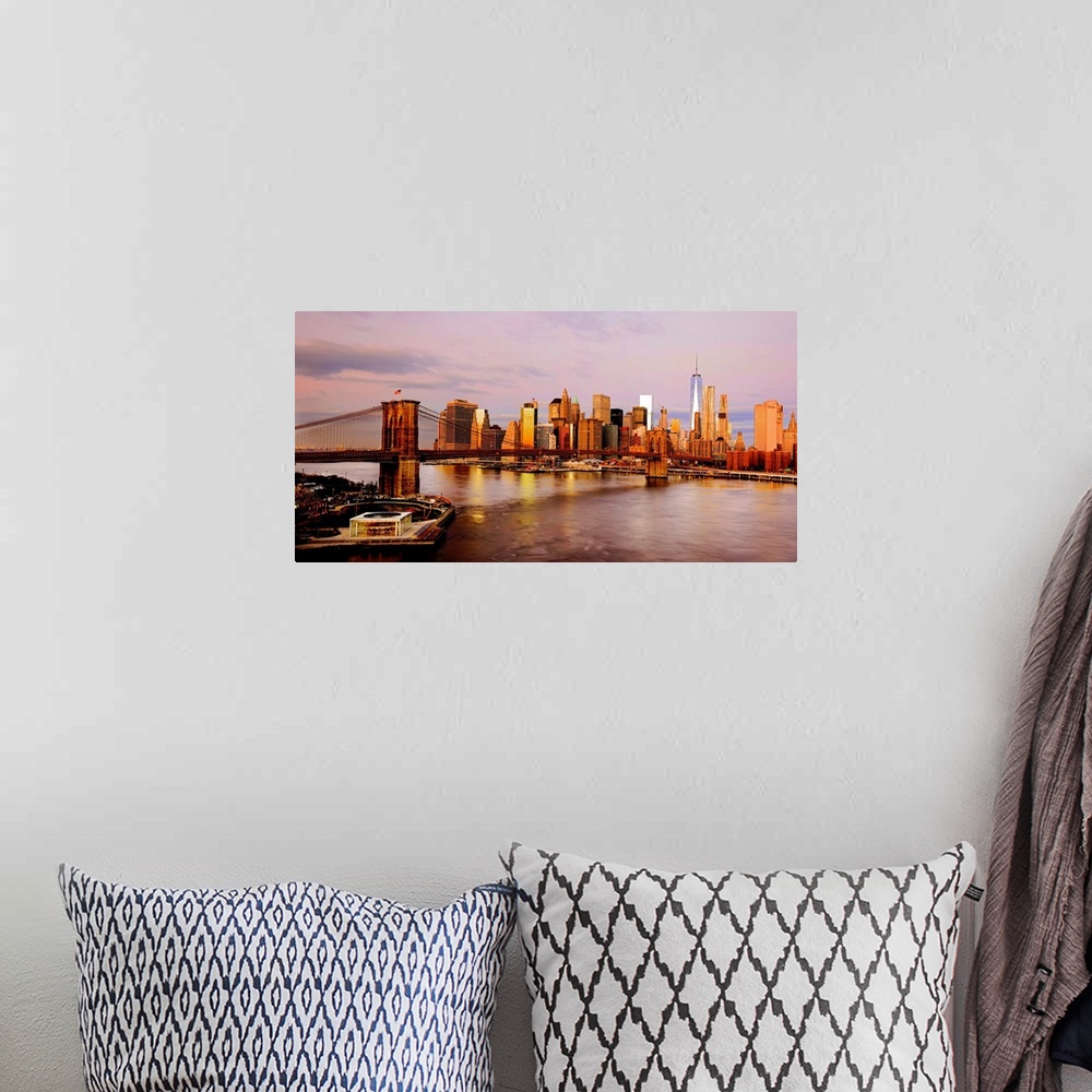 A bohemian room featuring Brooklyn Bridge And Lower Manhattan Panoramic View At Golden Hour