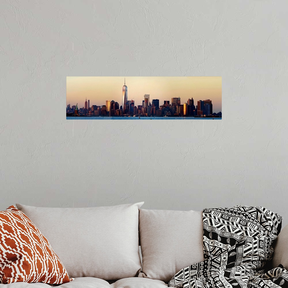 A bohemian room featuring Lower Manhattan, Empire State Building And Statue Of Liberty Panoramic View