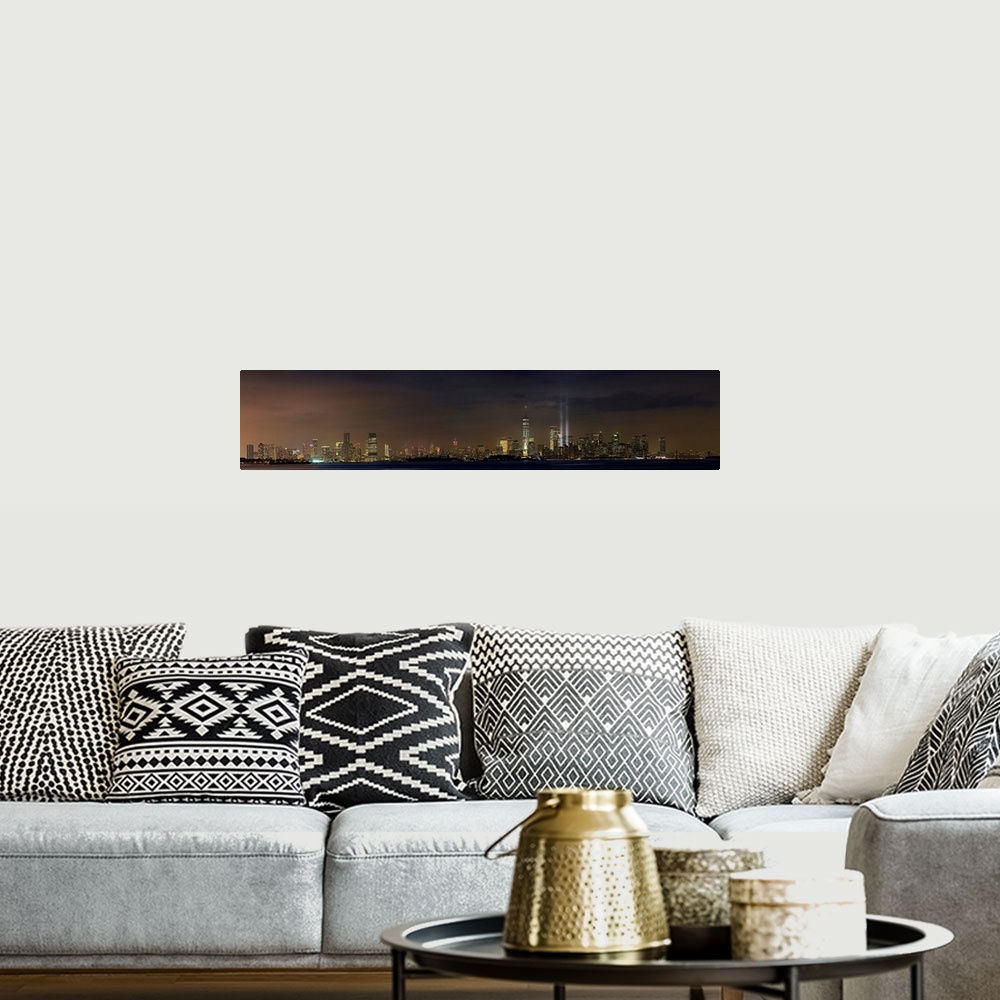 A bohemian room featuring Tribute In Light Panoramic View With Lower Manhattan And New Jersey