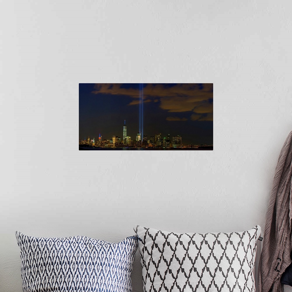 A bohemian room featuring Tribute In Light Panoramic View With Lower Manhattan And Statue Of Liberty