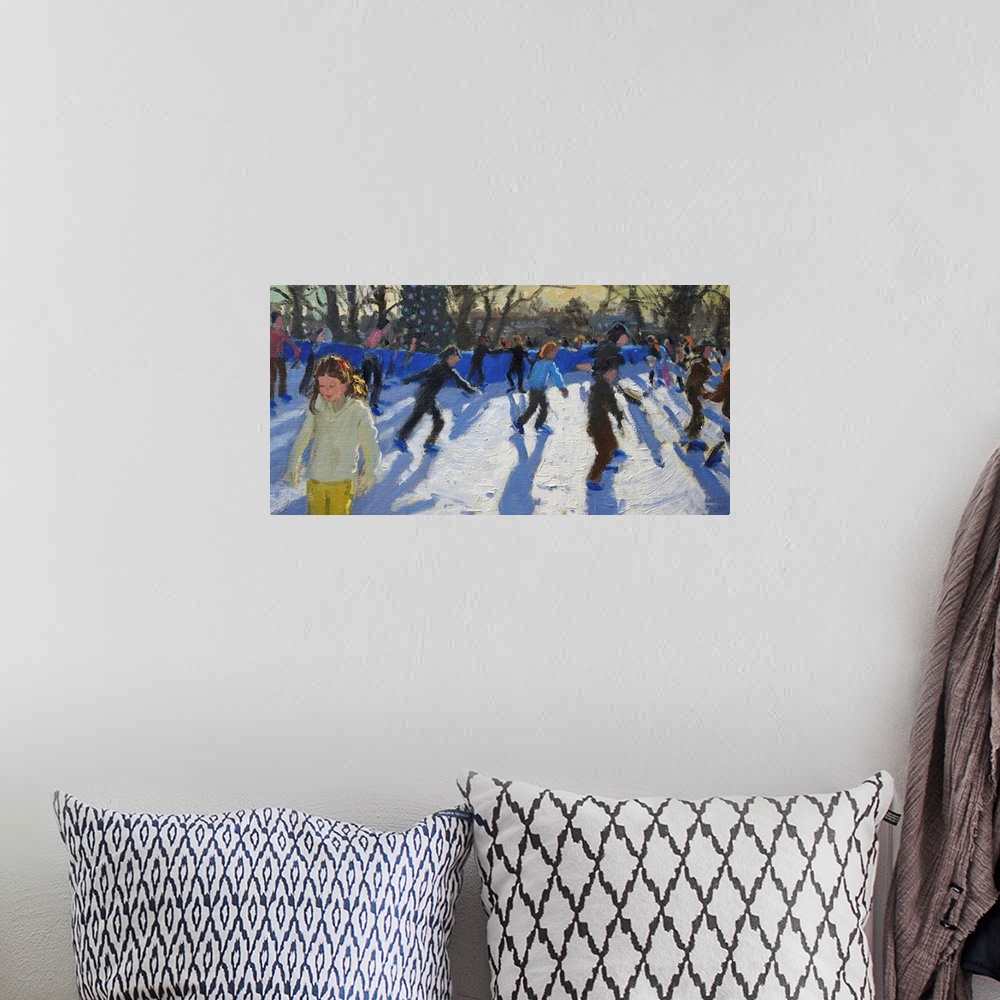 A bohemian room featuring Contemporary painting of children ice skating in the winter.