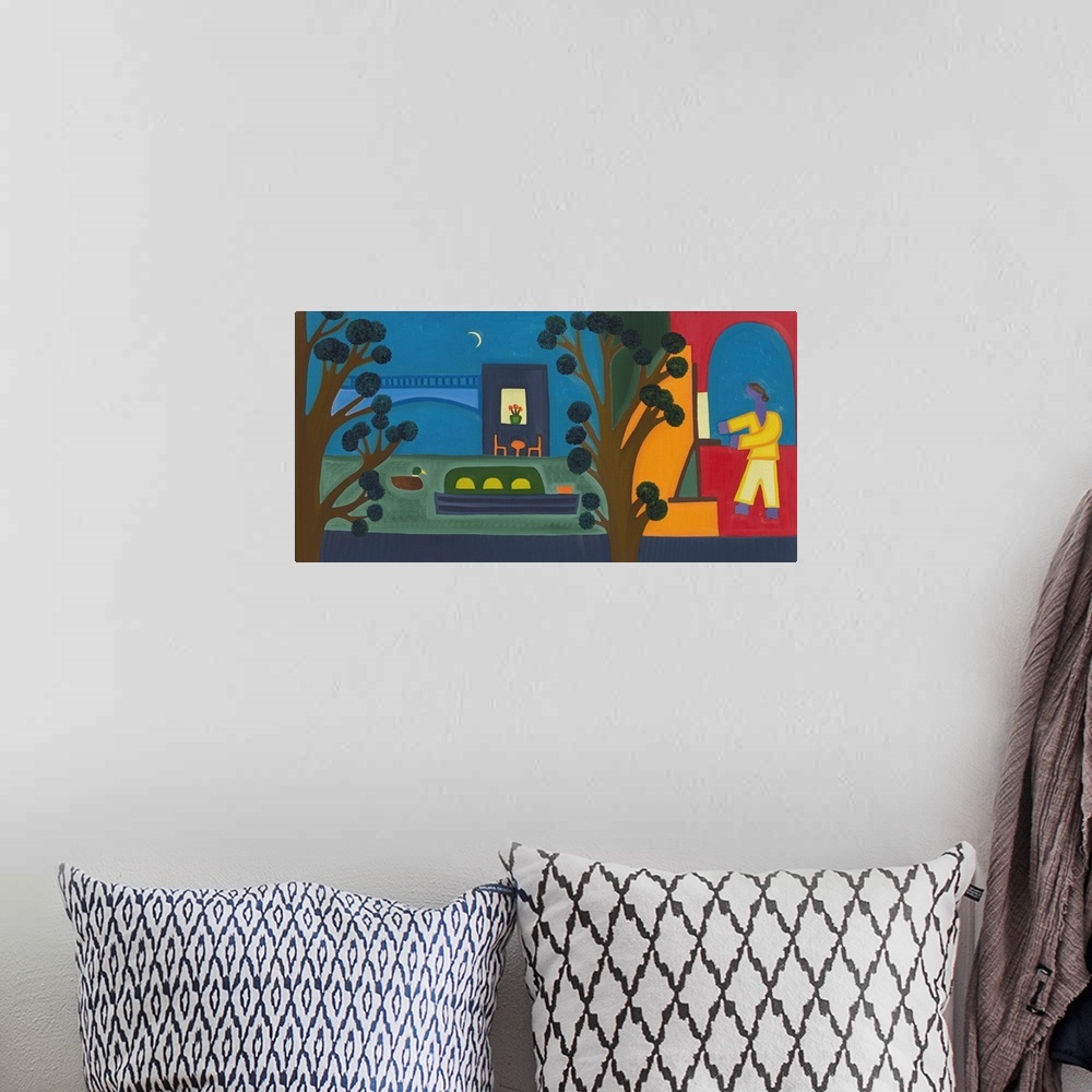 A bohemian room featuring Contemporary painting of an artist working in a loft with trees.