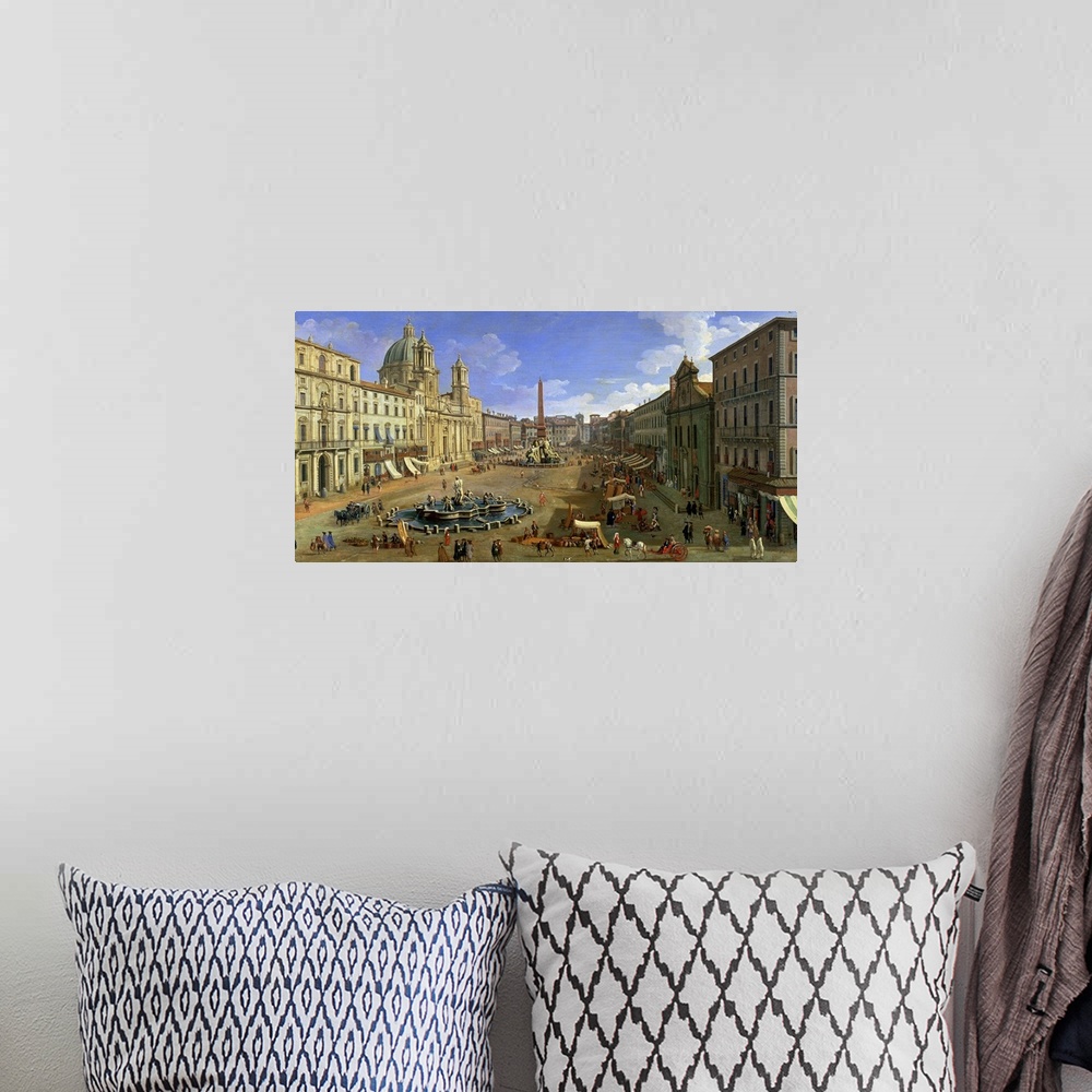A bohemian room featuring XJL109939 View of the Piazza Navona, Rome (oil on canvas)  by Canaletto, (Giovanni Antonio Canal)...