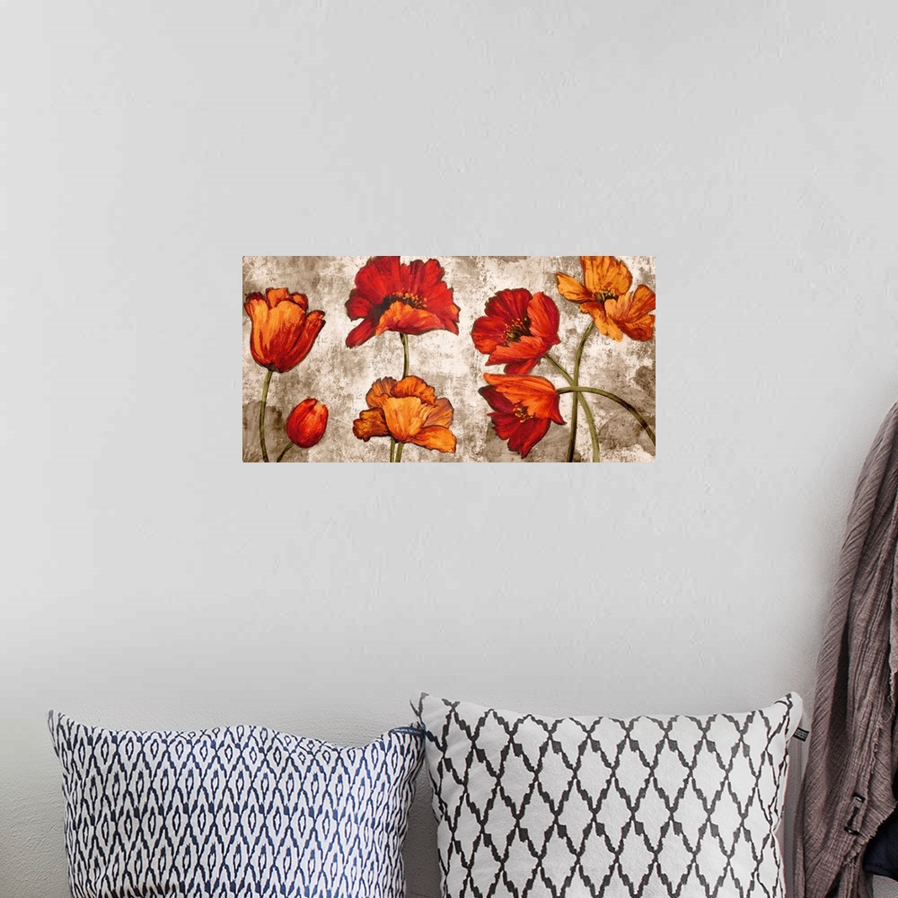 A bohemian room featuring Wide painting of orange and red poppy flowers on a distressed white and brown background.