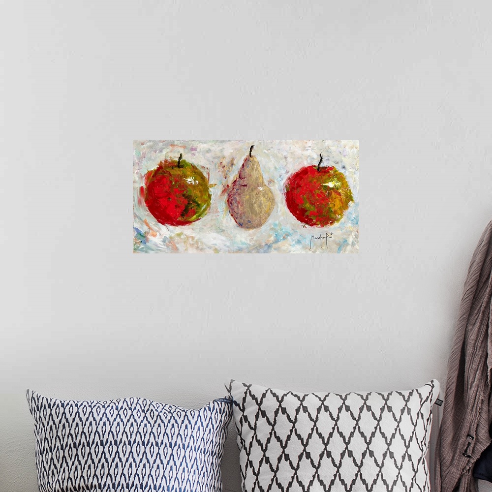 A bohemian room featuring Still life painting of two apples and a pear with an abstract feel.