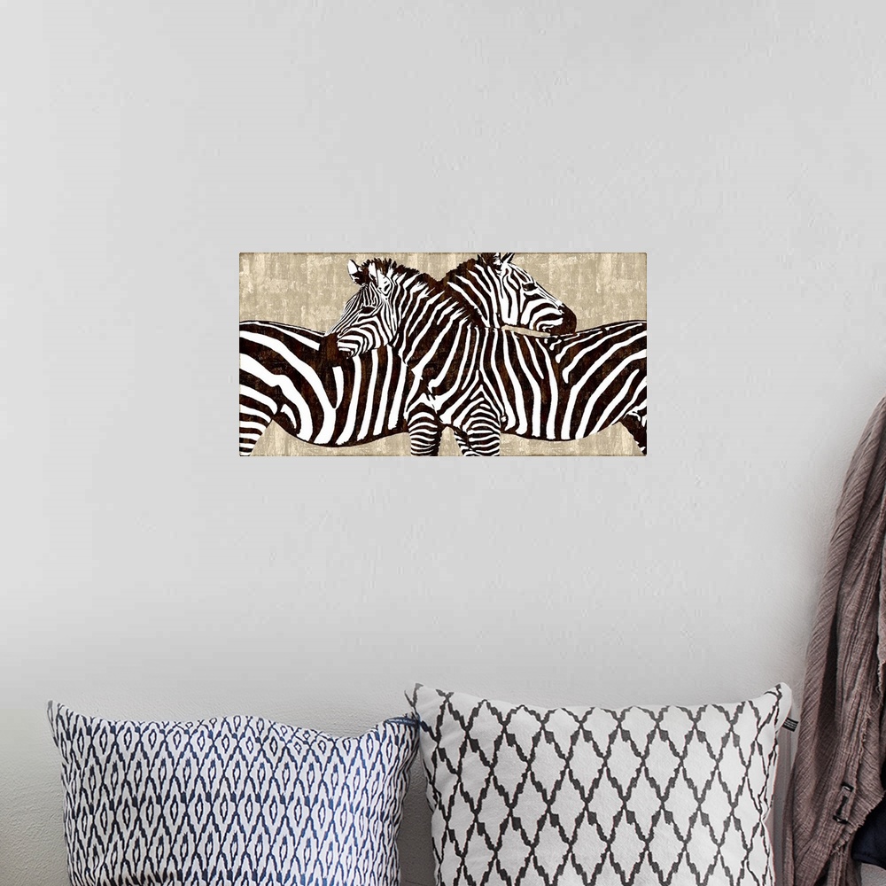 A bohemian room featuring Illustrated decor with two zebras facing opposite directions on a neutral colored background.