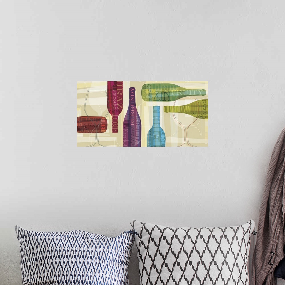 A bohemian room featuring Horizontal artwork of multi-colored wine bottles with words associated with wine on them on a bei...