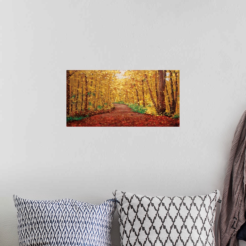 A bohemian room featuring Long horizontal painting of a country road cutting through a forest in the fall, with warm, golde...
