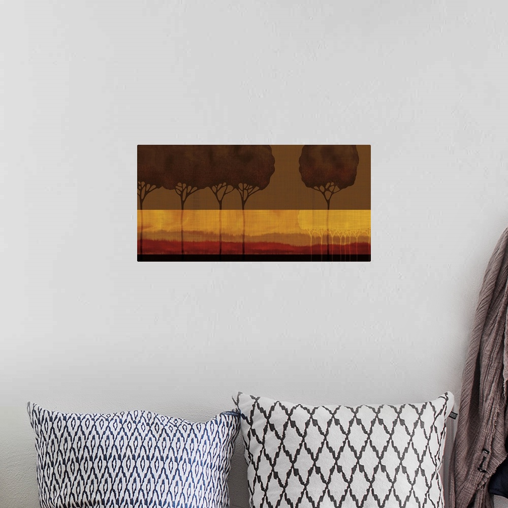A bohemian room featuring Contemporary artwork of a row of trees with a light wide horizontal line.