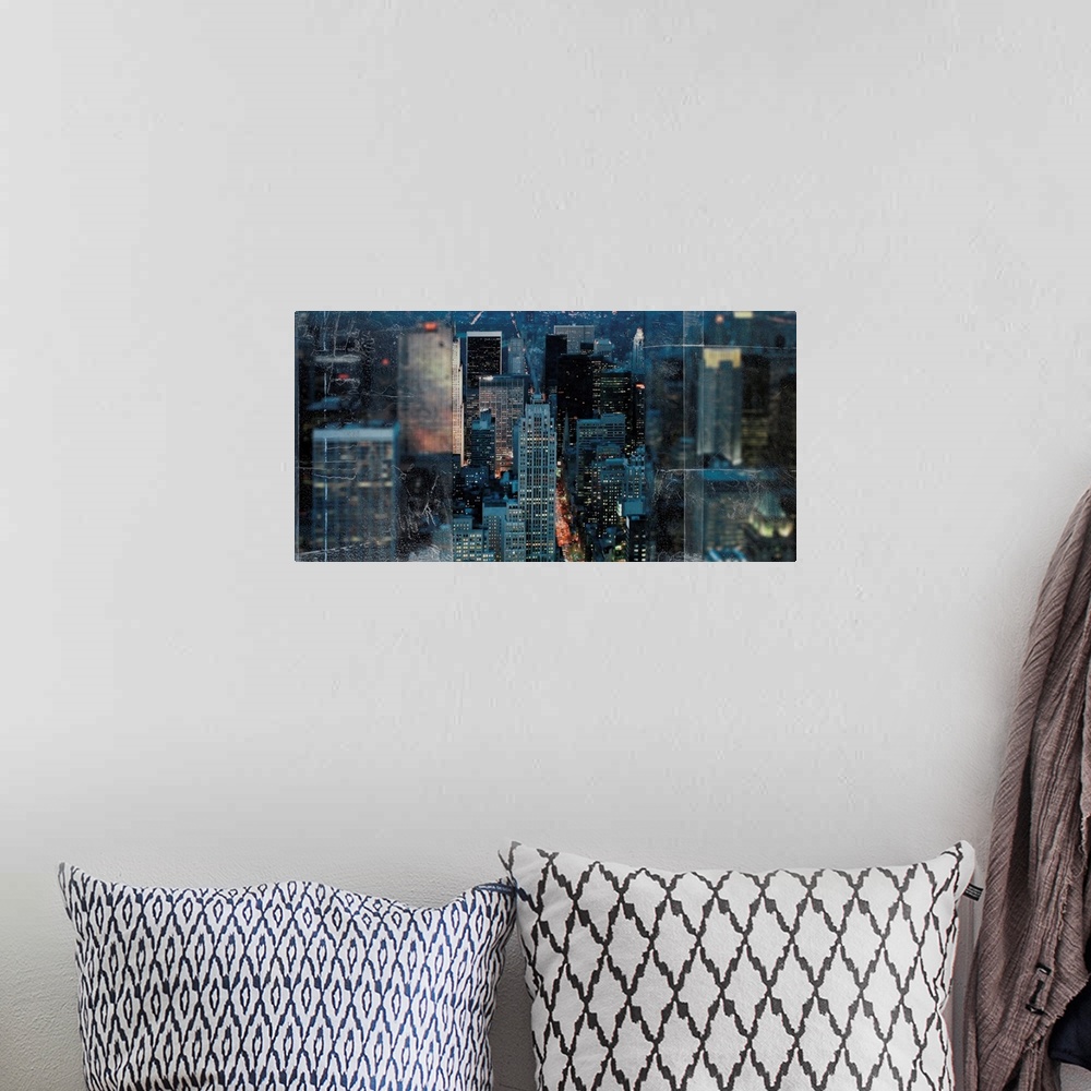 A bohemian room featuring An image composite of the city skyline of New York framed with a textured screen on both sides.