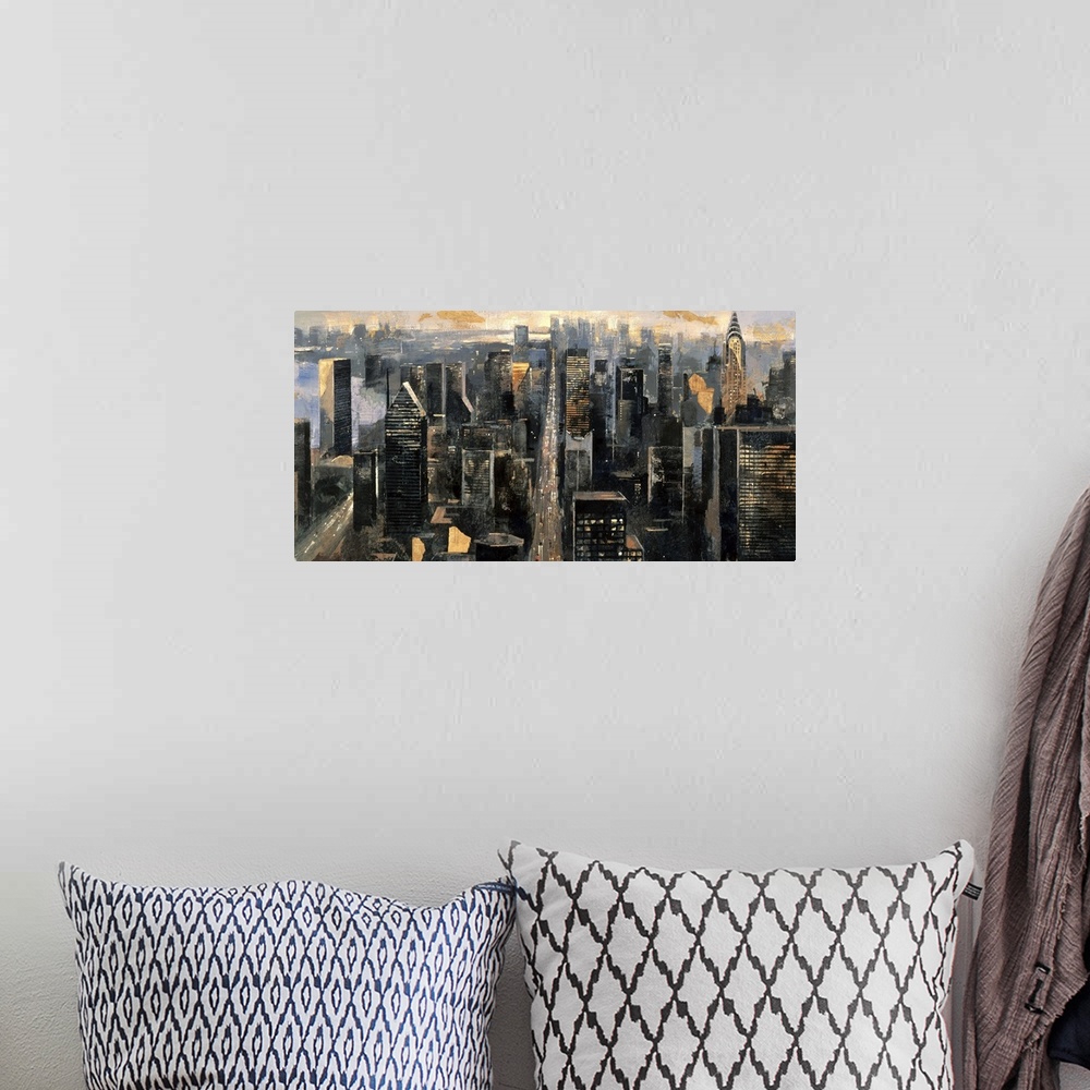 A bohemian room featuring A horizontal painting of an aerial view of the New York cityscape.