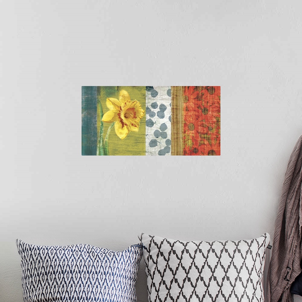 A bohemian room featuring Decorative artwork of panels with different flowers and leaves.
