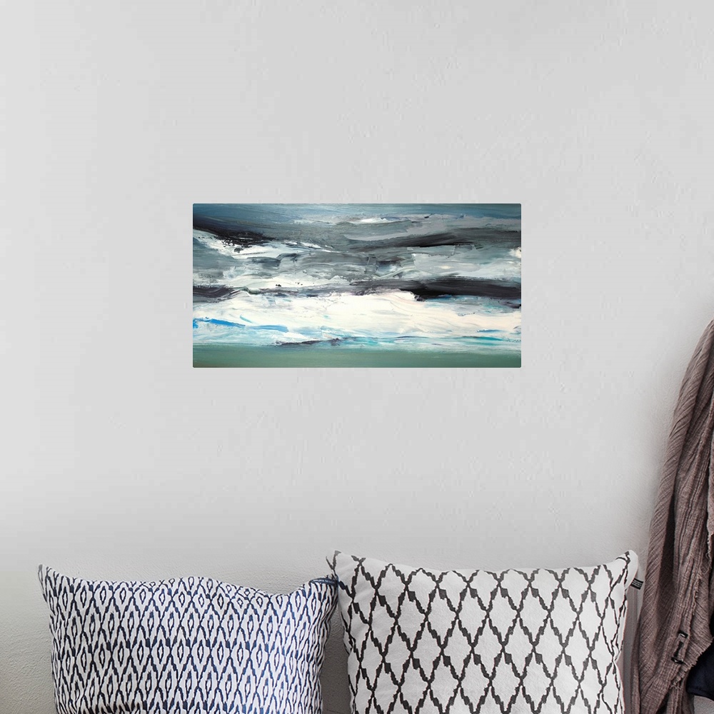 A bohemian room featuring Long horizontal abstract painting of textured horizontal brush strokes in white, gray and blue, g...