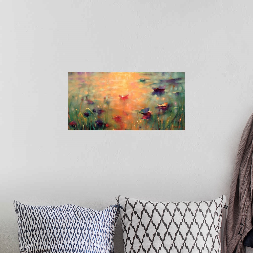 A bohemian room featuring A bright colored horizontal painting of multi-colored lily pads on a body of water with the refle...