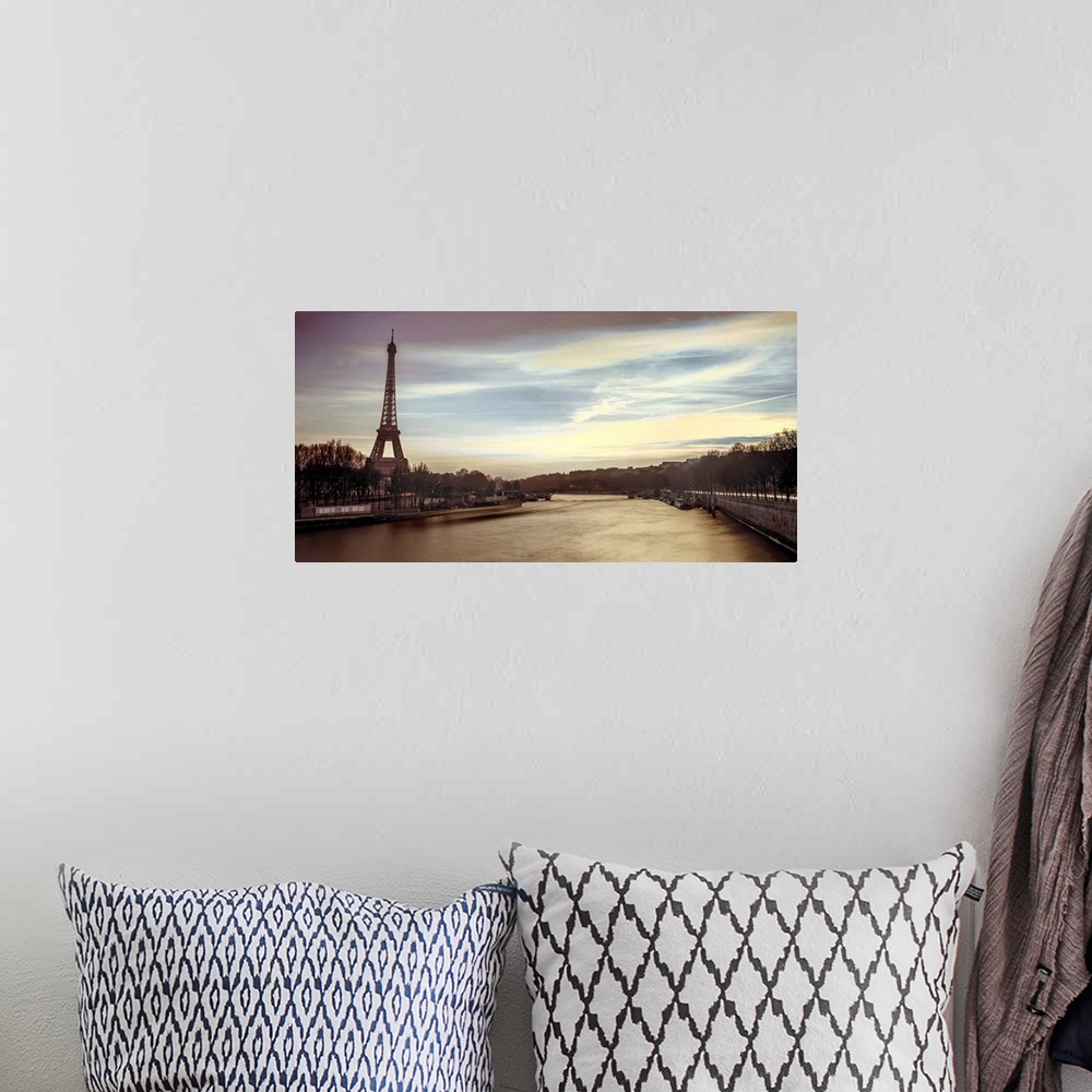 A bohemian room featuring Panoramic image of Paris with the Eiffel tower and Seine River in the evening.
