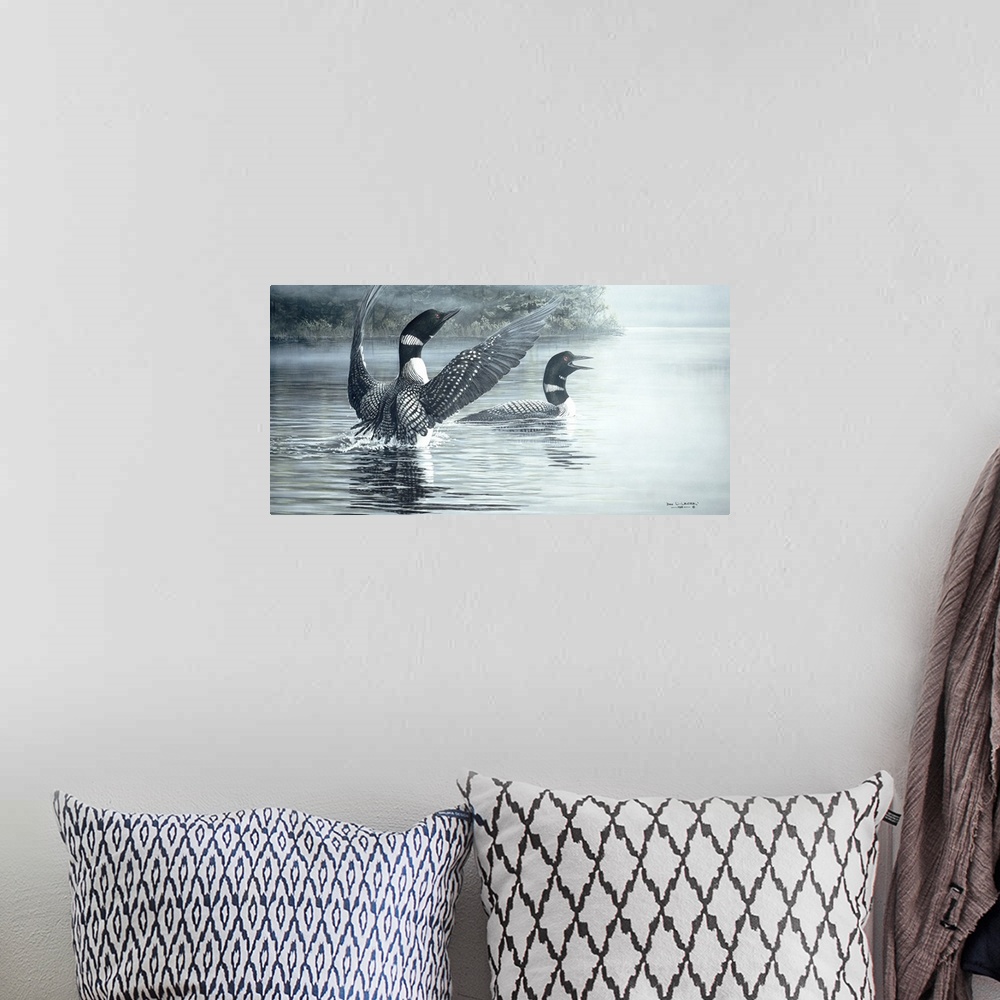 A bohemian room featuring Contemporary painting of a pair of loons in a pond surrounded by mist.