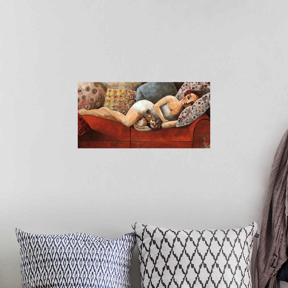 A bohemian room featuring A horizontal portrait of a woman laying on a red couch with a cat, painted with cubism elements.